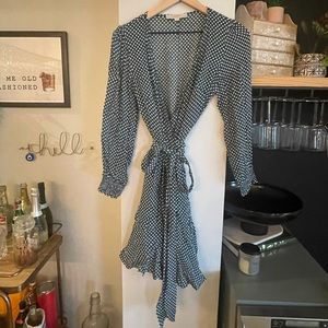 LOFT green and white polka dot wrap dress
